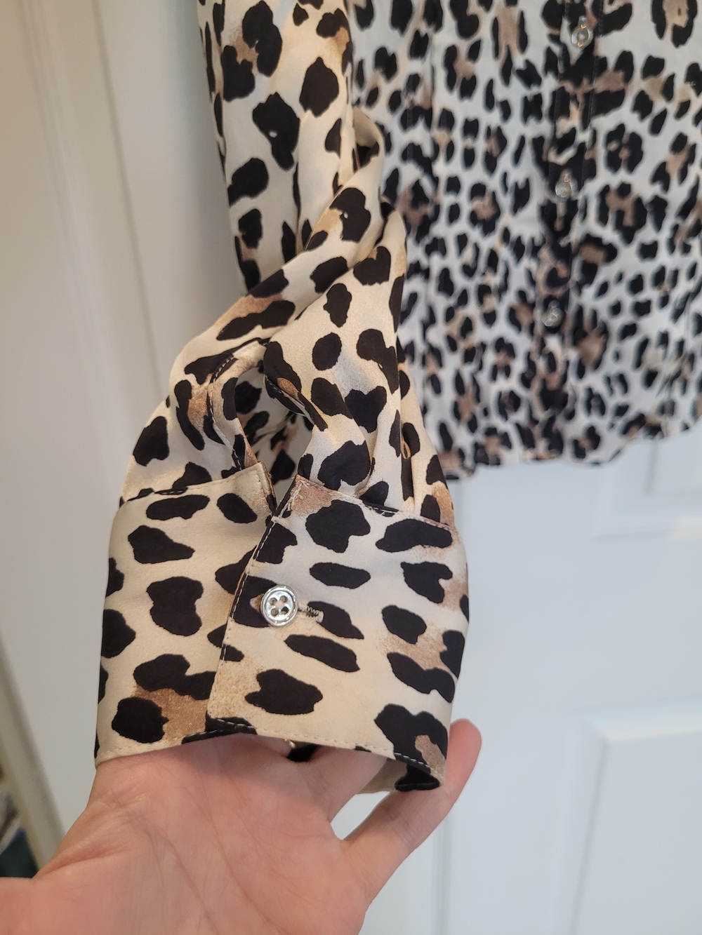 WHBM Silk Stretch Leopard Print Blouse - Black & Taupe - Picture 5 of 12